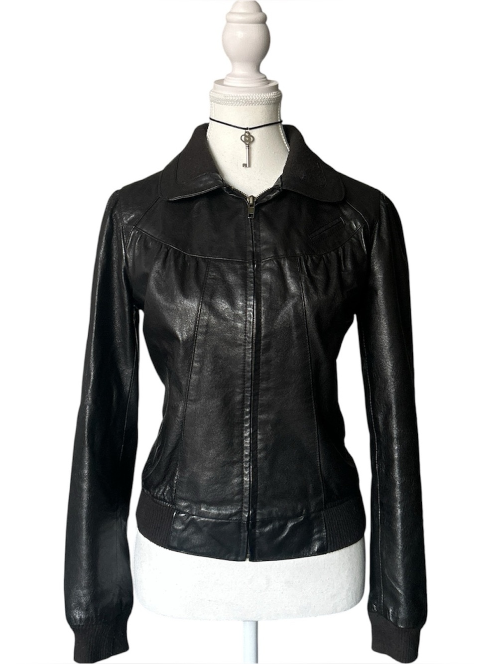 Y2K Grunge “Le Chateau” Black Leather Biker Bomber Style Zip-up Jacket